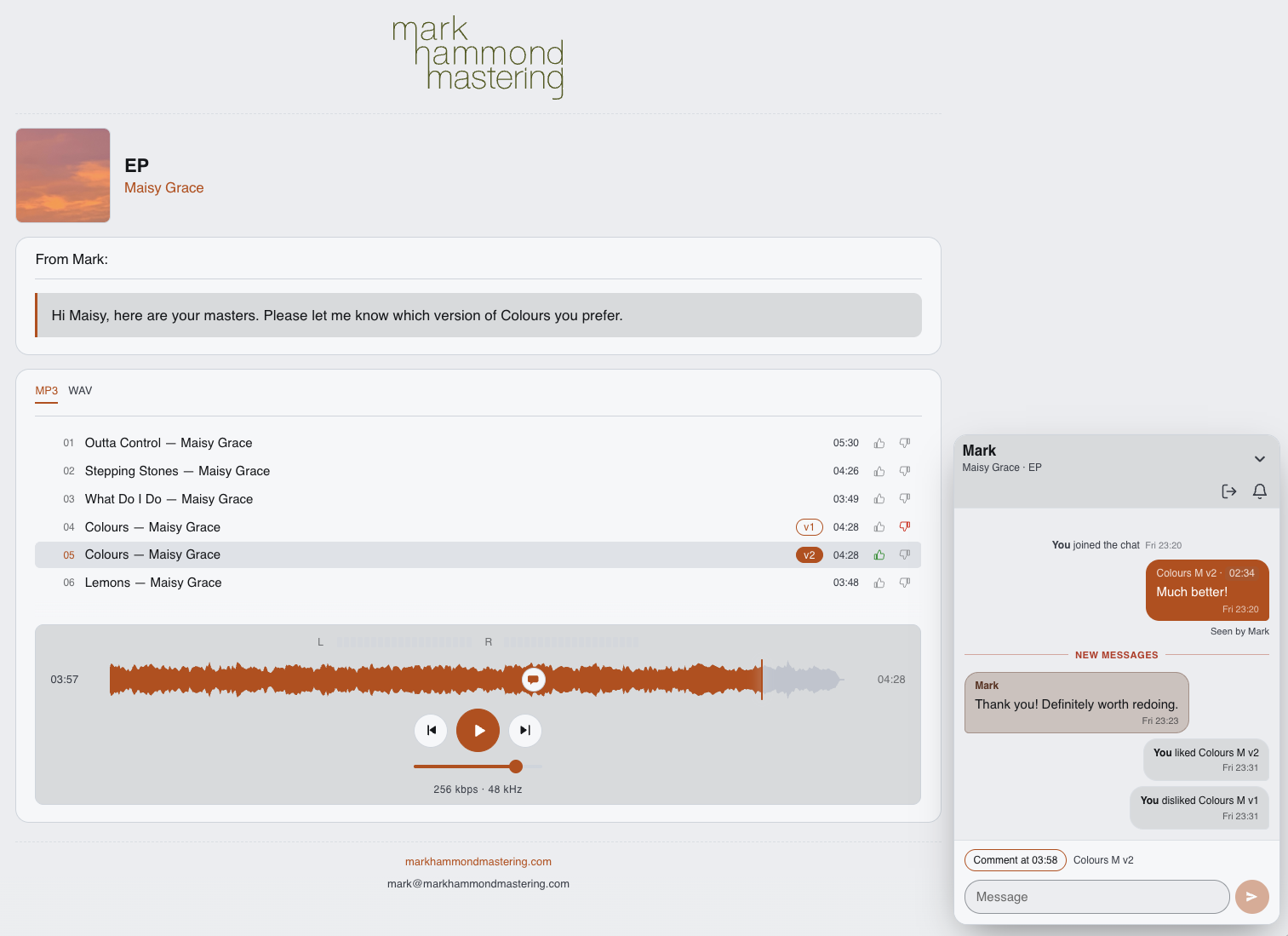 The Mastrly client player showing Maisy Grace's EP with v1 and v2 of Colours, the waveform with a comment marker, and the chat panel with timecoded comments and likes.
