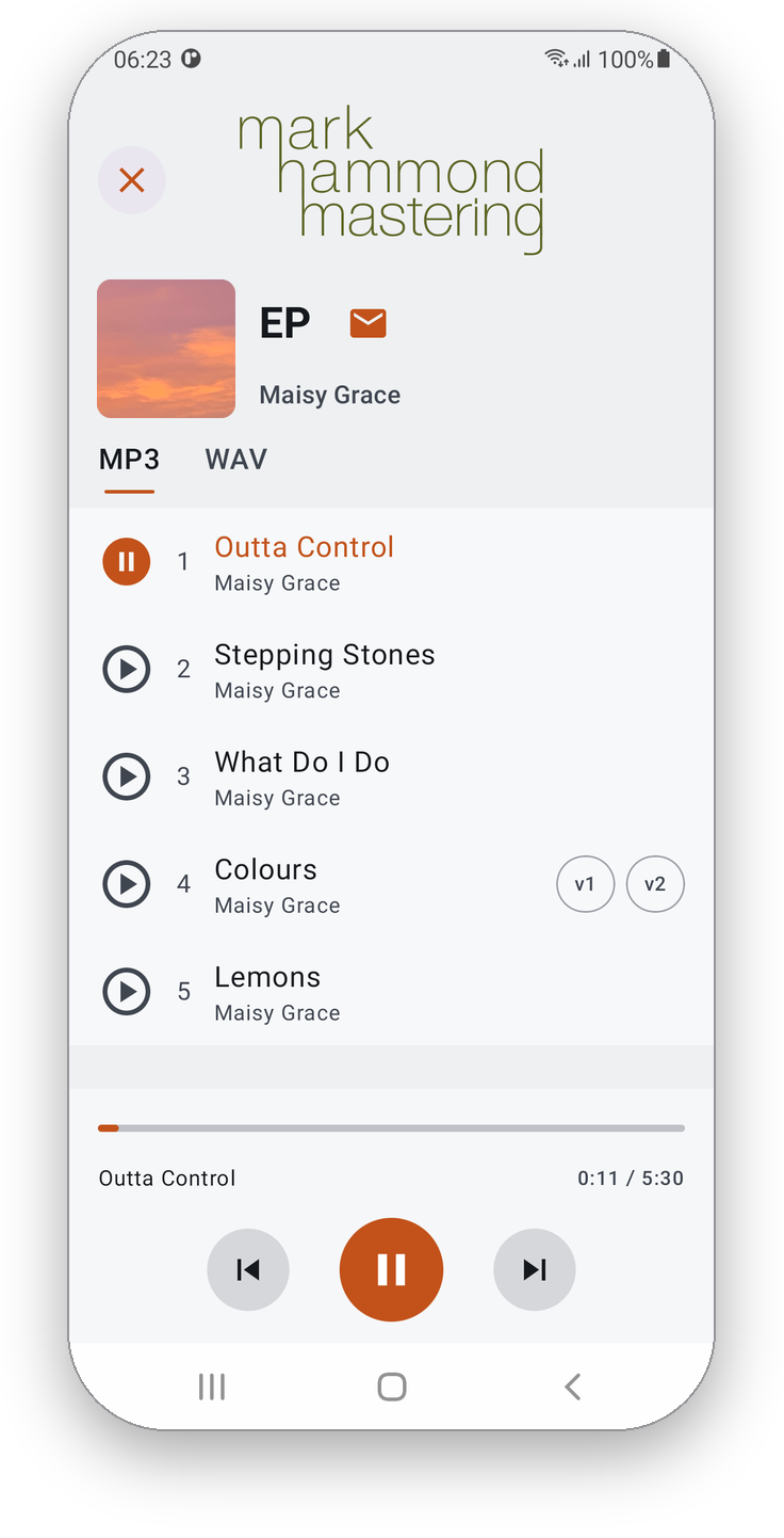 Mastrly Player running on an Android phone, playing Maisy Grace's EP: the track list with version buttons and the transport controls.