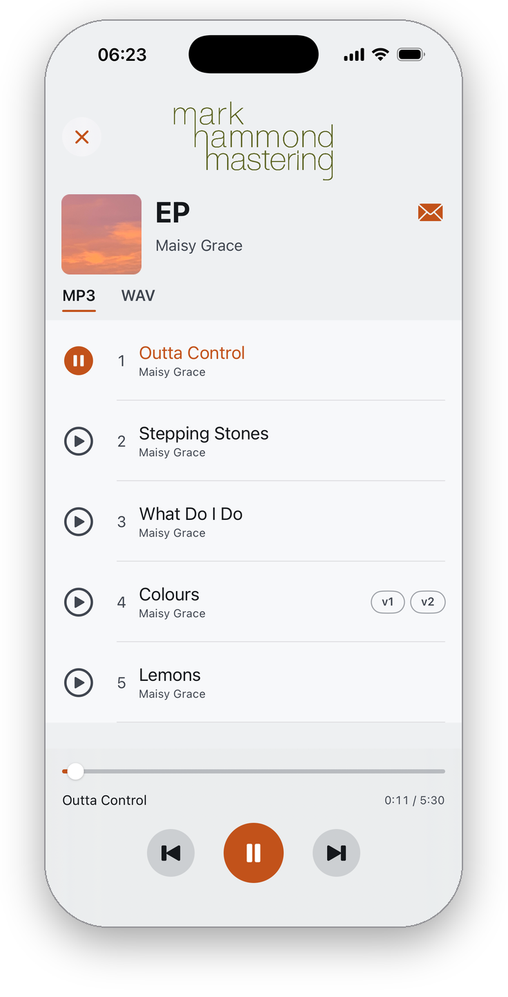 Mastrly Player running on an iPhone, playing Maisy Grace's EP: the track list with version buttons and the transport controls.