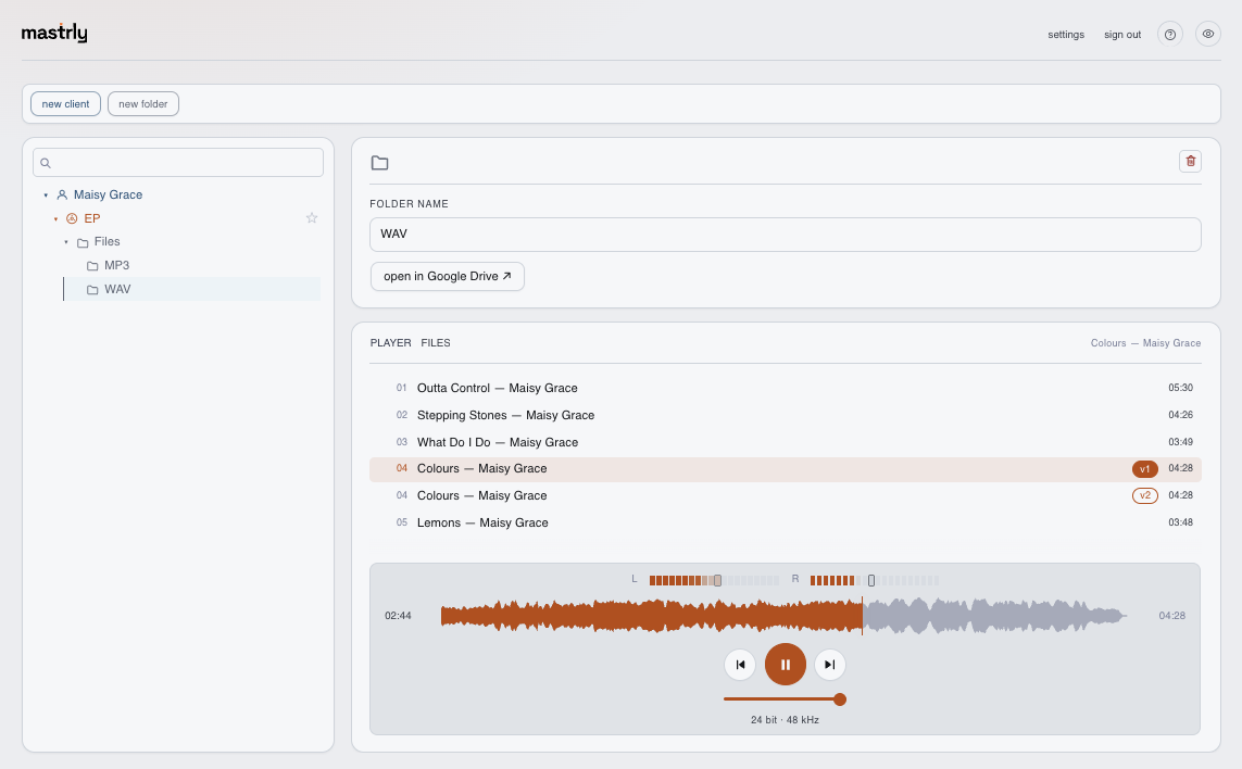 The Mastrly audio player with waveform, transport controls, and time readout.