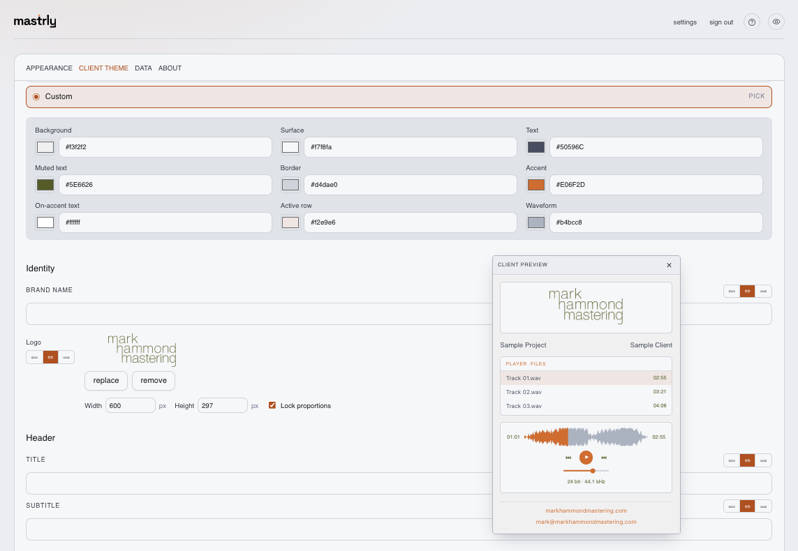 The Mastrly settings page on the CLIENT THEME tab, with custom palette pickers, identity (logo + brand name), header/footer fields, and a live client preview.