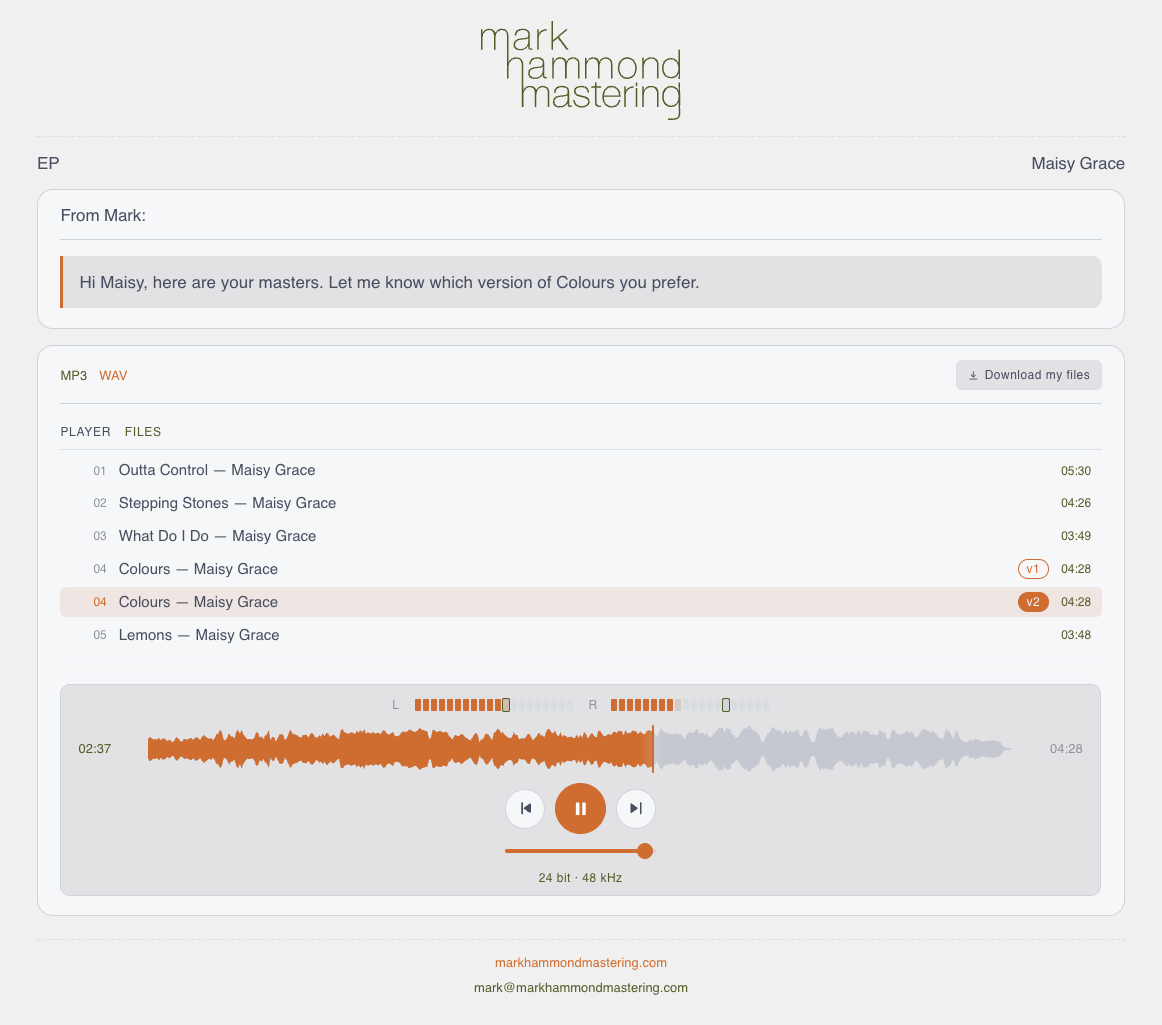 A share link opened in a browser by a client — studio logo, project header, From-Mark message, format tabs, track list, download button, and waveform player.