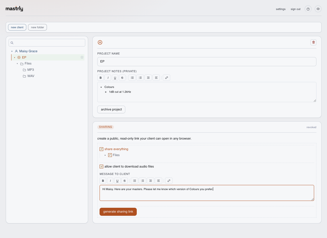 The share panel inside a project, showing the share-everything toggle, download permission, and the message-to-client editor.